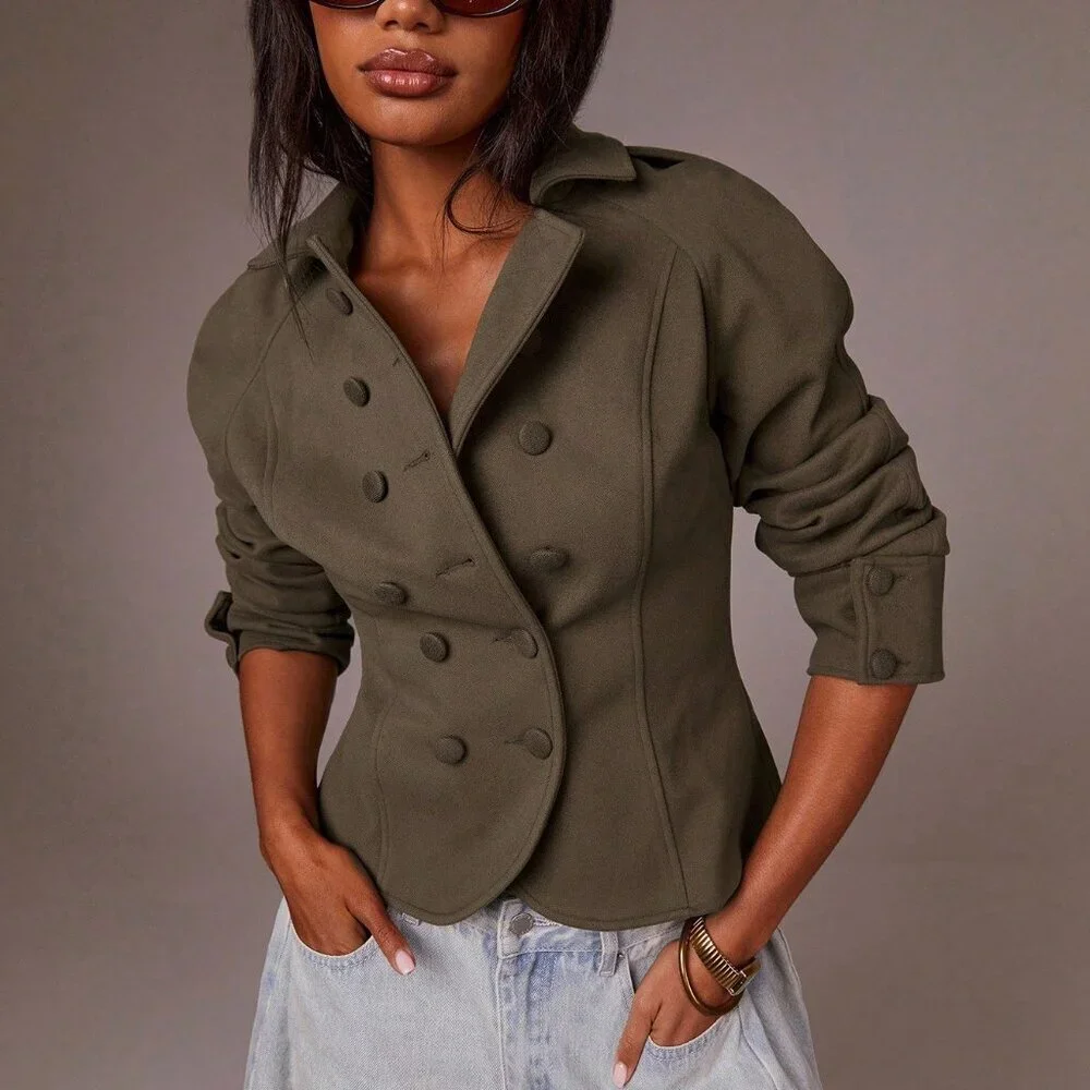 Khaki Casual Women's Raglan Sleeve Double-Breasted Jacket